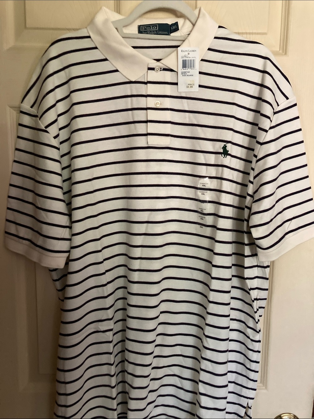 Men's Polo by Ralph Lauren cream Polo Shirt with Navy/Burgundy Stripes, XXL